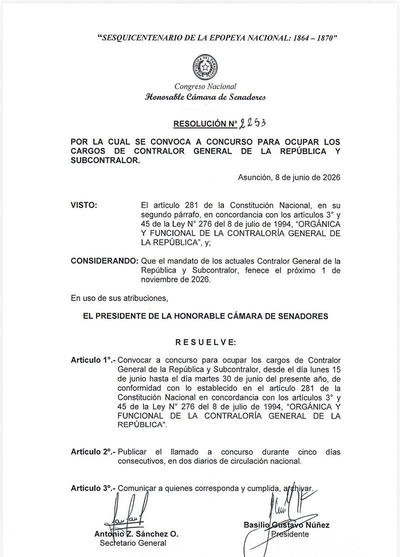 convocatoria a concurso de contralor y subcontralor